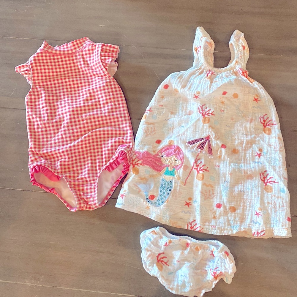 Ruffle Butts swimsuit and Mud Pie dress both size 3T.  Great condition!